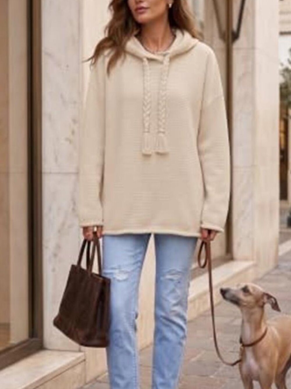 Apricot Oversized Knit Hoodie Sweater Chunky Pullover Braided Tassel Drawstring - Picture 5 of 10
